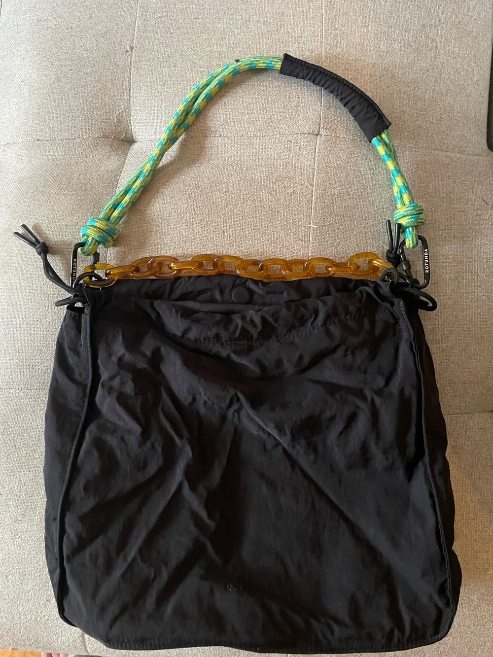 Rotunda Black Nylon Shoulder Tote with Green Rope Strap